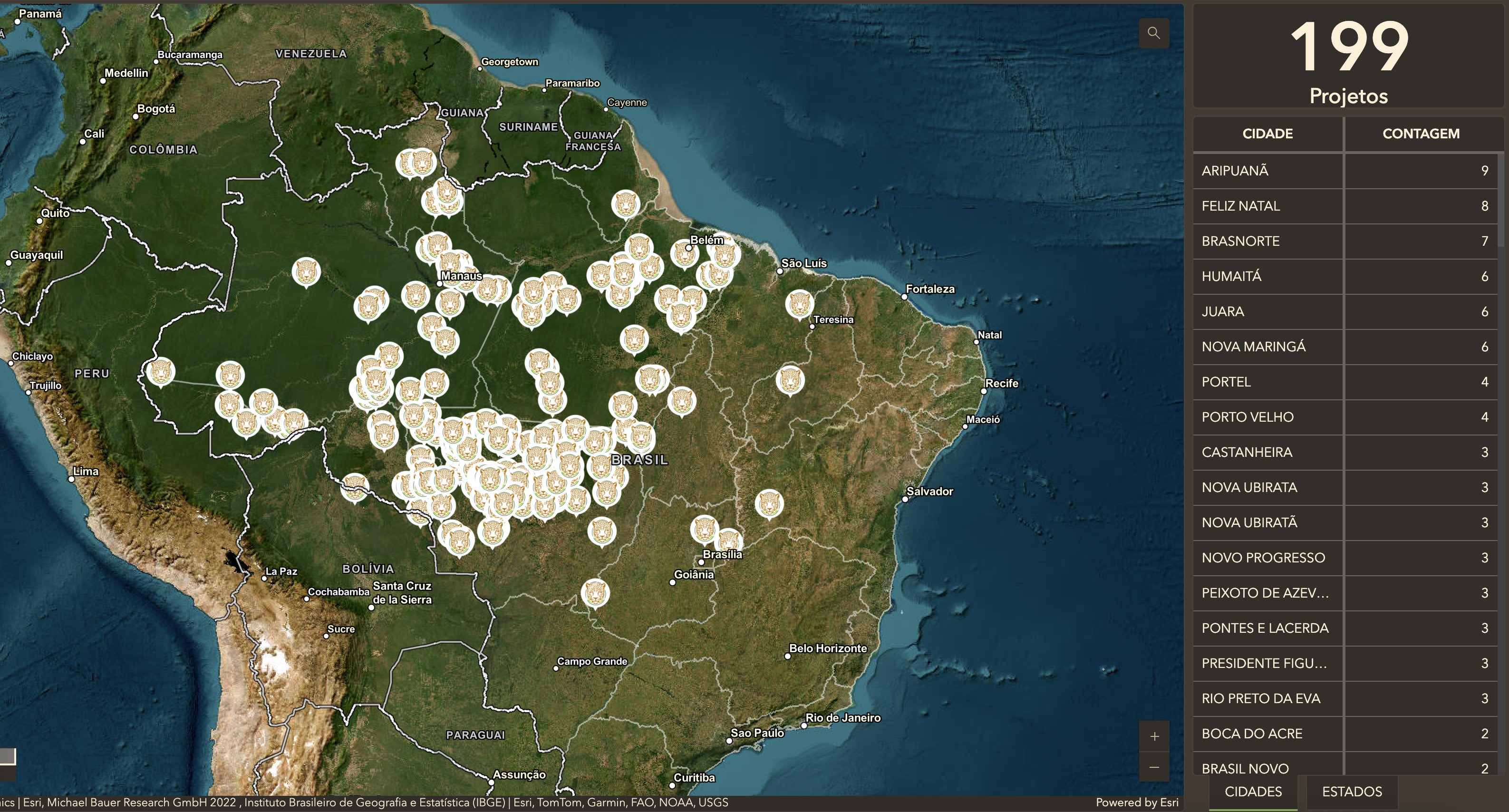 Mapa de projetos Emisfera Agro no Brasil